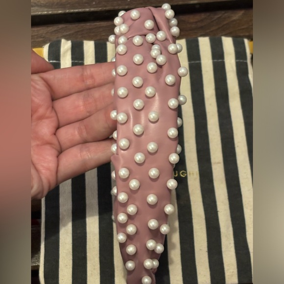 Lele Sadoughi Pink Leather Knotted Headband with Pearls - Picture 2 of 4